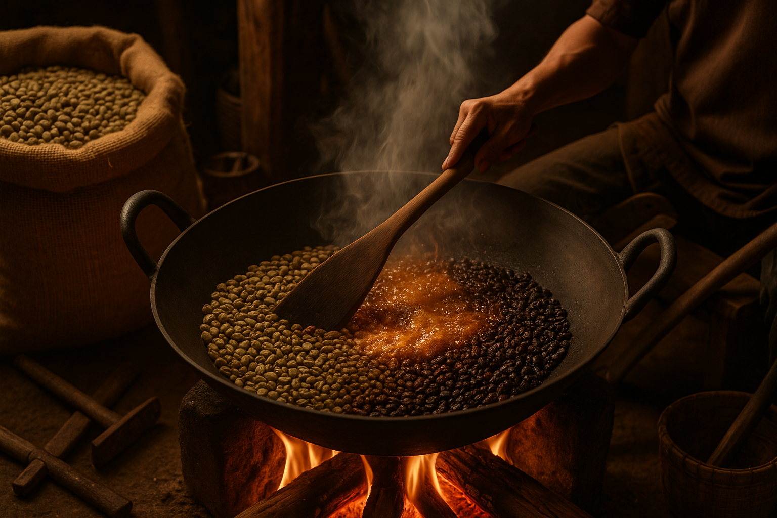 Traditional kopi roasting process showing coffee beans being roasted in a large wok over an open flame with a person stirring the beans with a wooden paddle